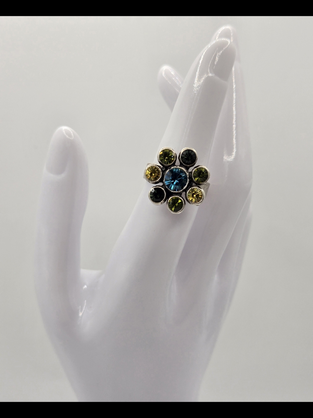 Vintage Arts & Crafts Flower Rhinestone Ring – Blue, Green & Yellow Crystals